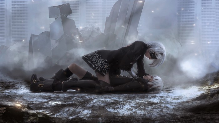 Nier Automata artwork of two androids in ruins