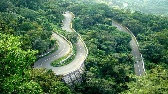 Winding mountain road through a dense forest