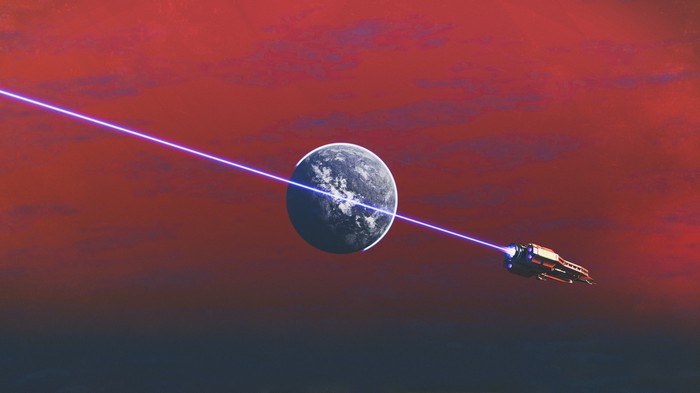 No Man's Sky: Spaceship fires laser at planet