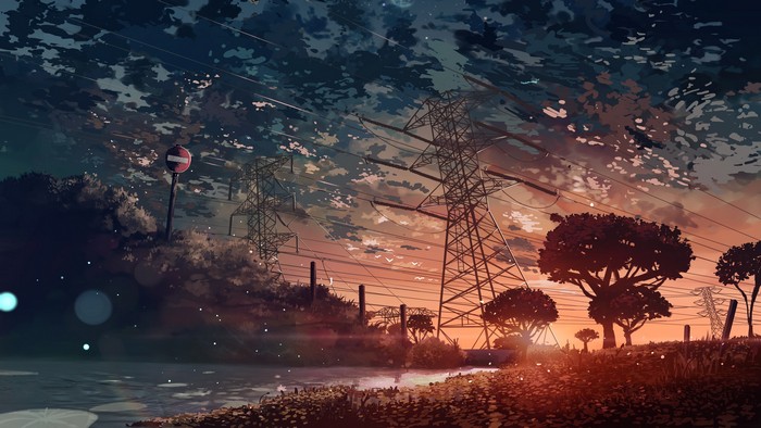 Anime landscape with power lines and sunset