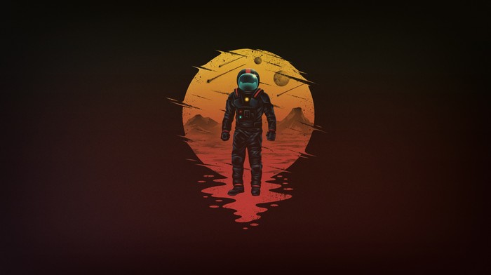 Astronaut standing on a desolate planet with meteor shower