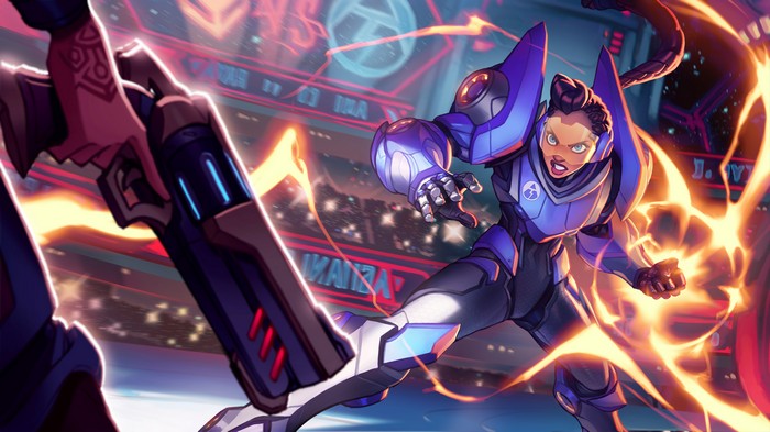 Woman in blue armor in combat arena