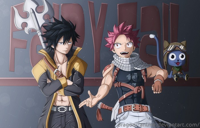 Fairy Tail Artwork Featuring Natsu, Gray, and Happy