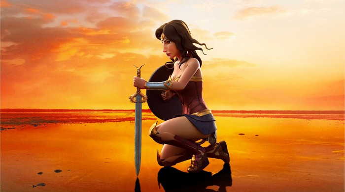 Wonder Woman kneeling with sword and shield at sunset