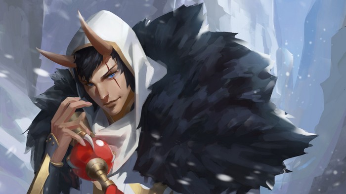Anime character with horns and a white hood in snow
