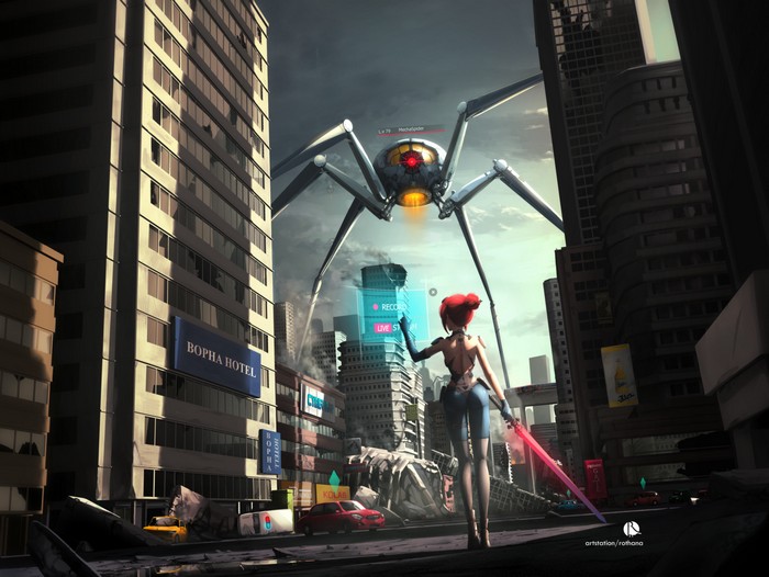 Girl with sword fights giant spider robot in city