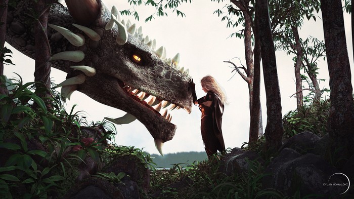 Dragon and Woman in a Forest