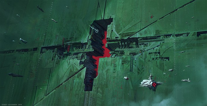 Massive Sci-Fi Structure with Spaceships in Green Haze