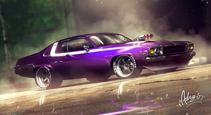 Purple muscle car with blower