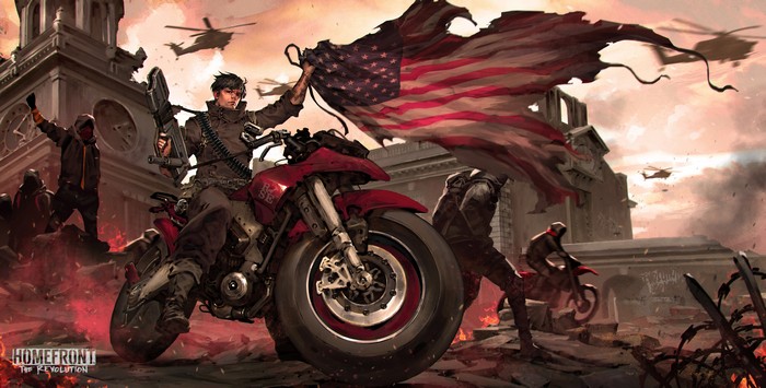Homefront The Revolution: Man on Motorcycle with American Flag