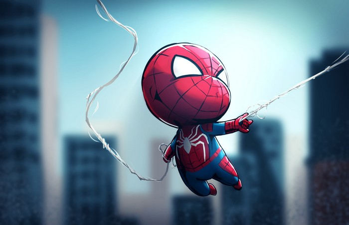 Chibi Style Spider-Man Swinging Through City