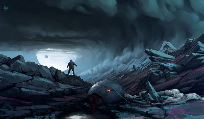 Astronaut on a desolate alien planet with crashed spacecraft