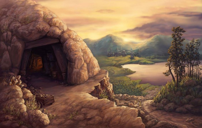 Mine entrance overlooking a lake and distant city at sunset