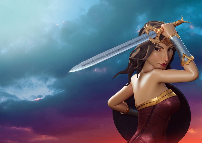 Wonder Woman holding her sword against a cloudy sky