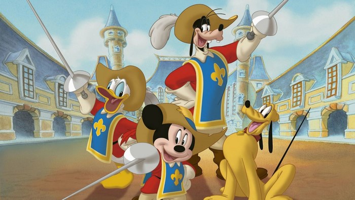 Mickey, Donald, Goofy, and Pluto as Musketeers