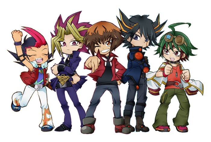 Five Yu-Gi-Oh! protagonists from different series