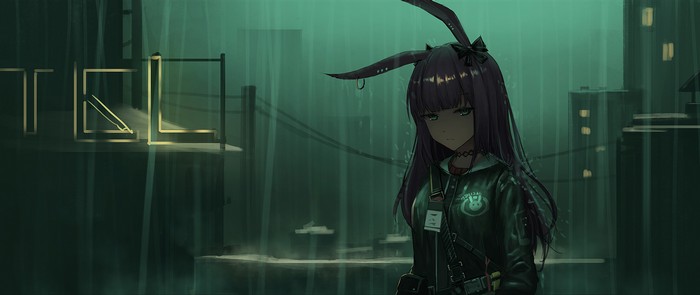 Anime girl with bunny ears in the rain