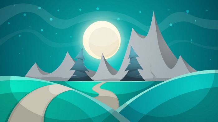 Minimalist winter landscape with moon and mountains
