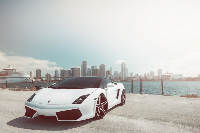 White Lamborghini Gallardo parked by the water with city skyline