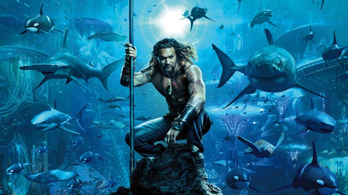 Aquaman with Sharks and Orcas Underwater