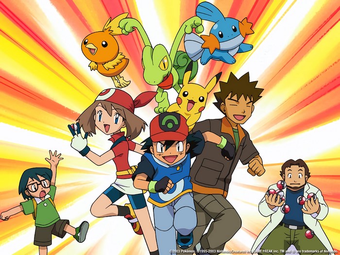 Pokemon characters Ash, May, Max, Brock, and Professor Birch with Pokemon