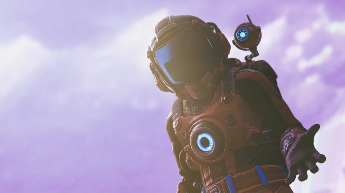 No Man's Sky astronaut with drone in purple sky