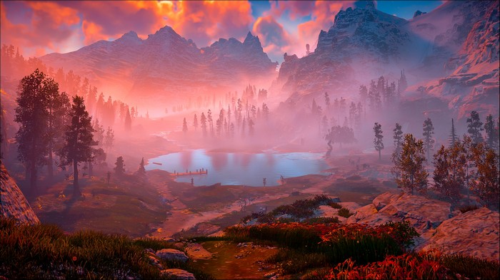 Misty Mountain Lake at Sunset with Vibrant Colors