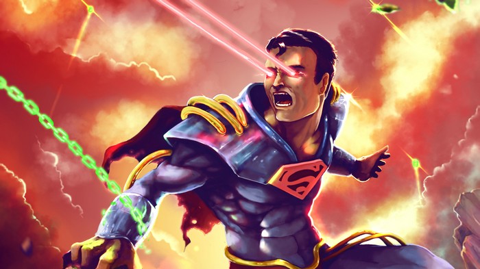 Superman firing heat vision in a battle