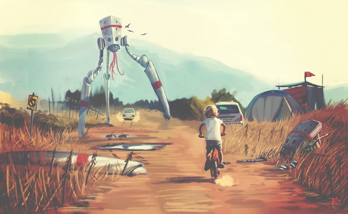 Child on bicycle encounters a giant robot