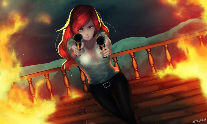 Anime girl with red hair holding two guns in a fire