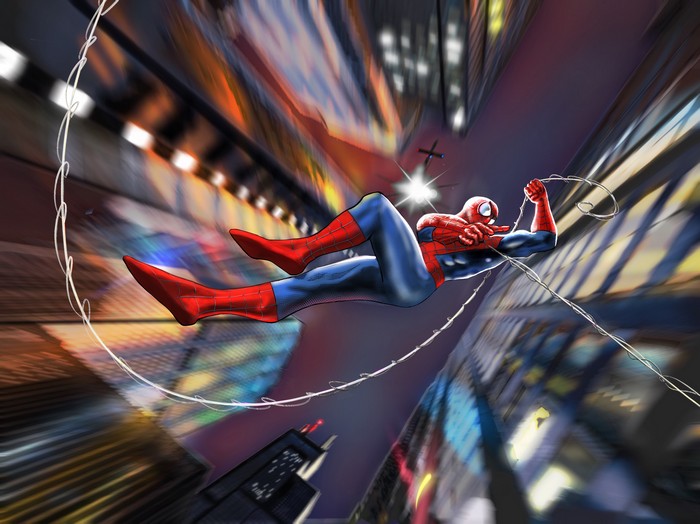 Spider-Man swings through a blurry cityscape at night
