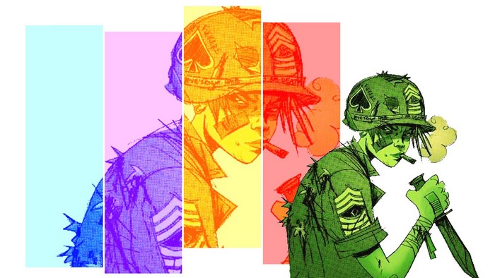 Tank Girl in colorful panels holding a knife