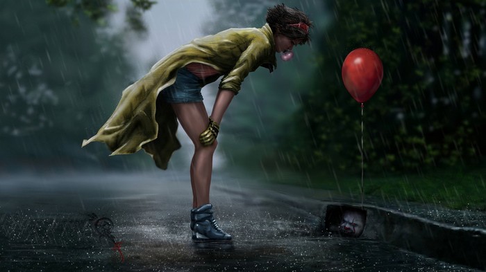 Girl in Rain Staring at Pennywise Mask and Red Balloon