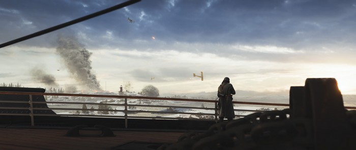 Battlefield 1 soldier on ship overlooking battle