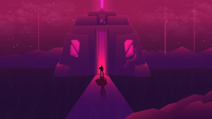 Man stands before a glowing pyramid entrance