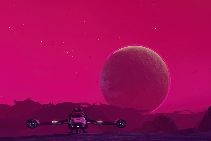 No Man's Sky spaceship on alien planet with large moon