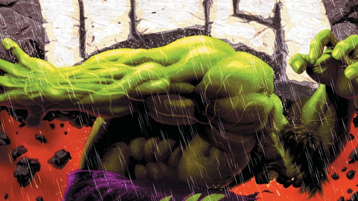 Hulk smashing through rubble in the rain
