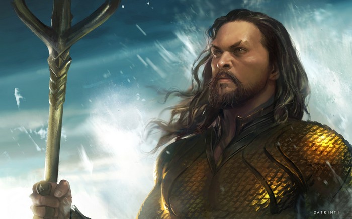 Aquaman holding his trident in a stormy environment