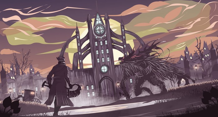 Bloodborne artwork of hunter fighting a beast