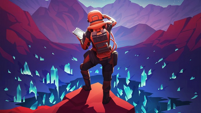 Astronaut on alien planet with crystals