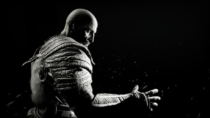 Kratos in monochrome from God of War 4