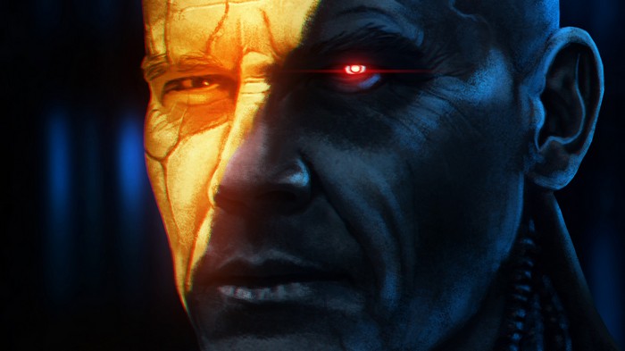 Close-up digital art of a cyborg with a glowing red eye