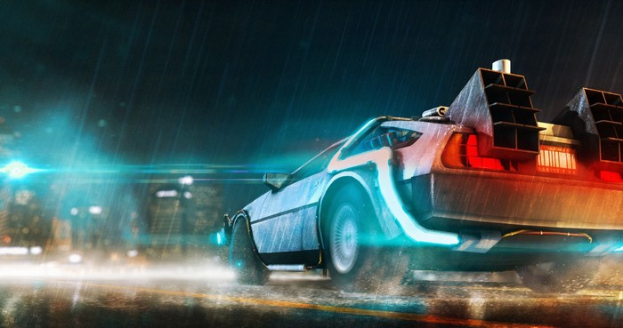 Back to the Future DeLorean in the rain