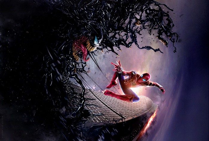 Spider-Man and Venom battling on a skyscraper