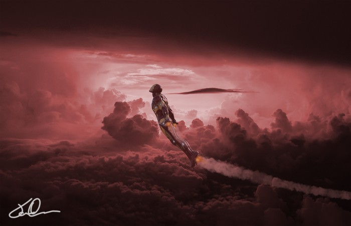 Iron Man flying through red clouds