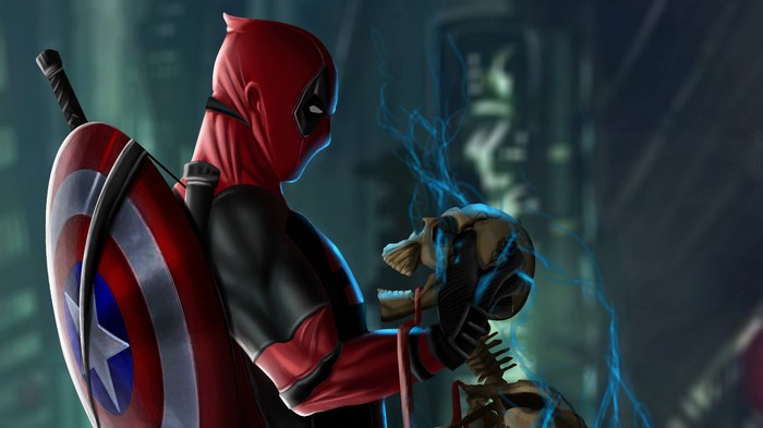 Deadpool holding a skeleton with Captain America's shield
