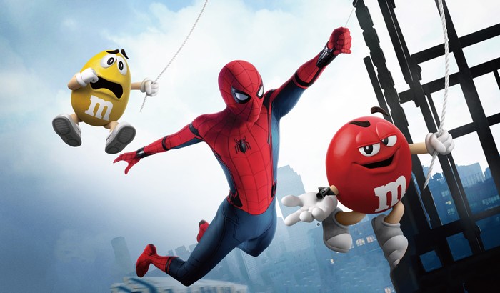Spider-Man and M&M's characters swinging