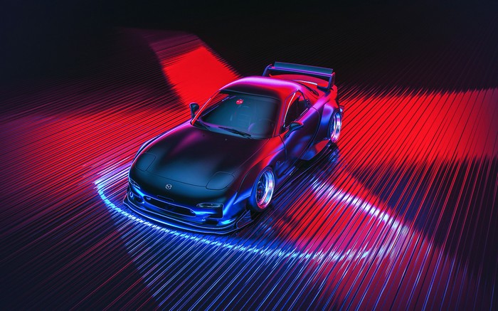 Mazda RX7 with red and blue lighting