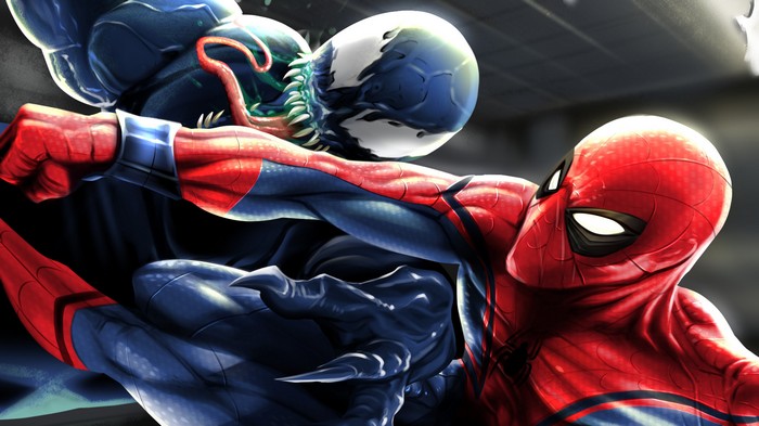 Spiderman fighting Venom in digital art