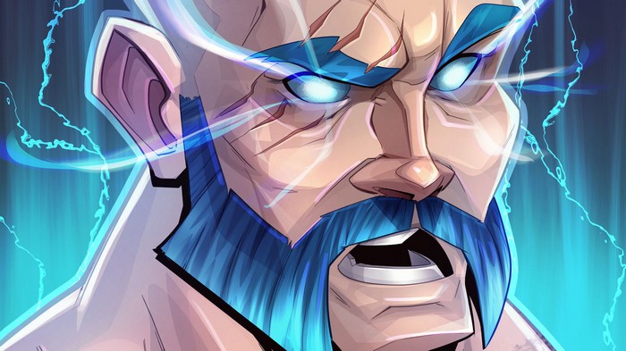 Fortnite artwork of a man with blue beard and glowing eyes